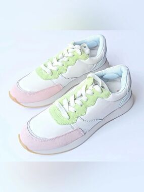 Soludos White Sneakers with Pastel Pink & Light Green Accents; Size 7.5